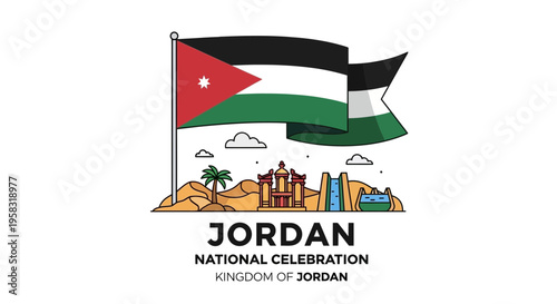 Jordan National Celebration Flag and Landmarks Vector Illustration