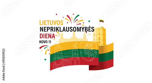 Lithuania Independence Day Celebration Banner with Flag and Landmark