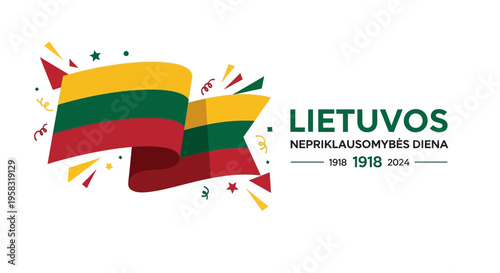 Lithuania Independence Day Celebration with Waving Flag and Confetti
