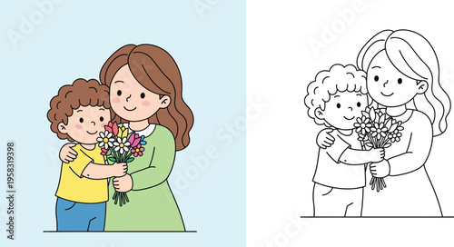 Happy young boy giving a bouquet of flowers and hugging his mother. Cute cartoon family illustration coloring page with full color and line art outline versions for Mother's Day.