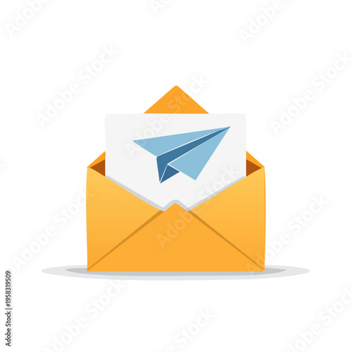 Open envelope reveals blue paper airplane message on white background illustration