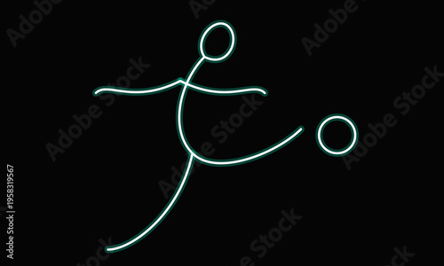 Vector illustration of a person kicking a ball, neon green line art on black background