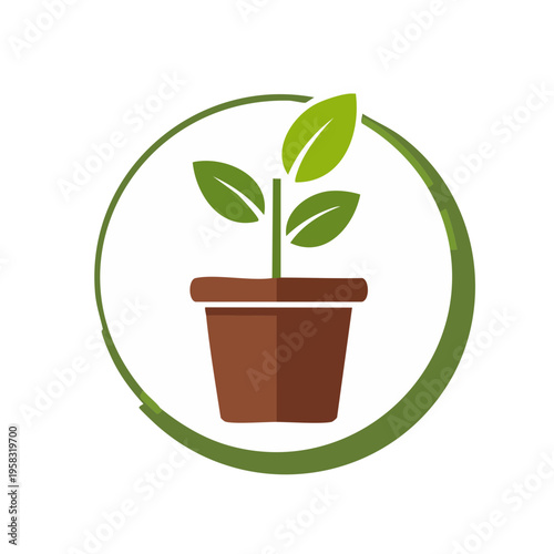 Green plant in brown pot inside green circle logo icon symbolizing growth and nature