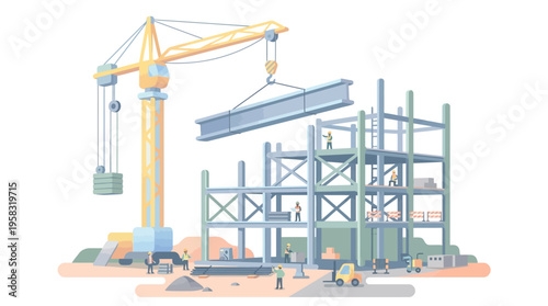 Construction site with crane lifting steel beam for building.