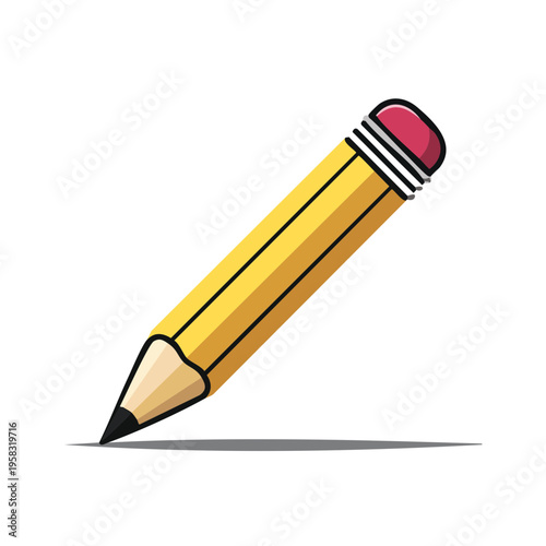 Yellow wooden pencil with a pink eraser and graphite tip casts a shadow