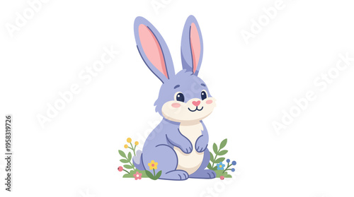 Cute Purple Easter Bunny Sitting Among Spring Flowers.