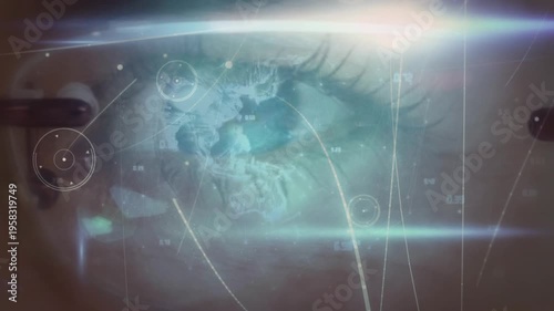 Animation of connections and globe over eye of caucasian woman