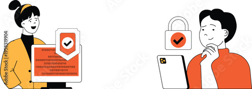 Two individuals verifying secure digital data transfer and authentication on their devices