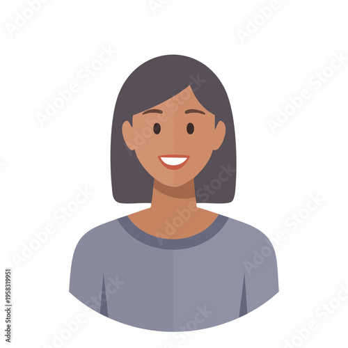 Flat illustrated portrait of a smiling woman with short dark hair and brown skin wearing a grey top