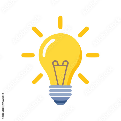 Bright idea light bulb glowing with yellow light and radiating rays