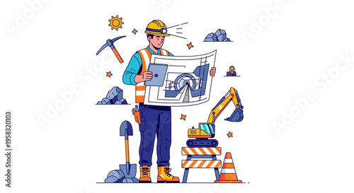 Construction worker engineer reviewing blueprints on site.