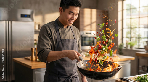 Young passionate chef cooking a vibrant colorful