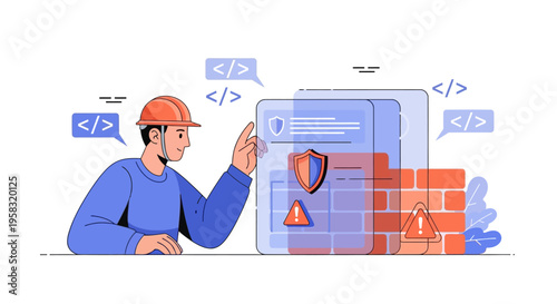 Cybersecurity professional protecting digital assets with firewall and shield.