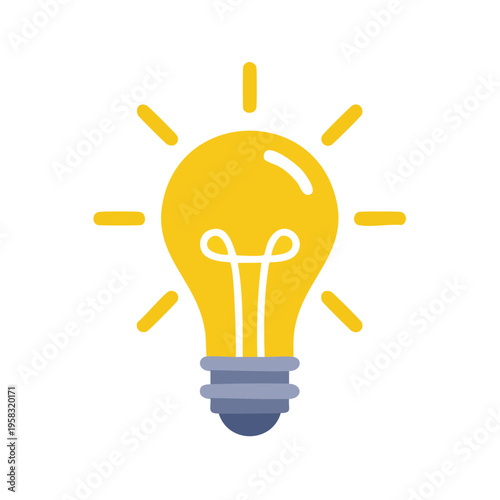 Bright yellow light bulb with radiating lines representing an idea or inspiration