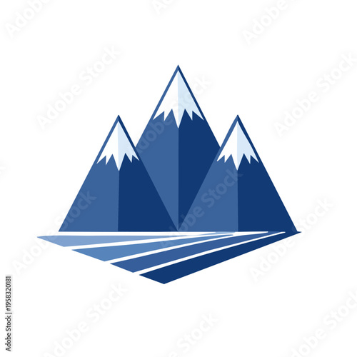 Stylized blue mountain range with snow caps and layered foreground.