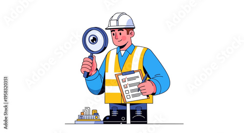 Construction worker inspecting building plans with magnifying glass.