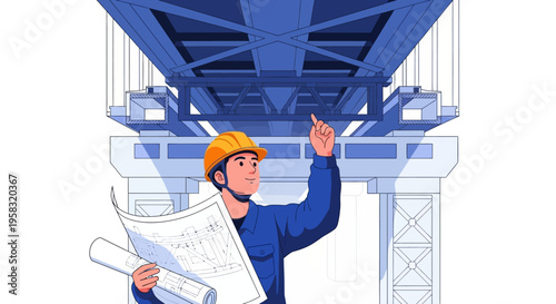Construction worker inspecting bridge blueprints with helmet.