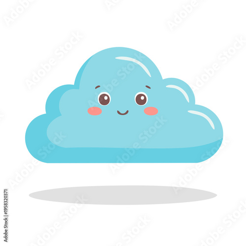 Cute Blue Smiling Cloud with Rosy Cheeks and Shadow