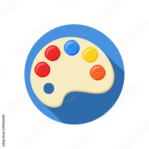 Art palette with colorful paint blobs and round blue background icon