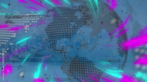 Animation of digital landscape and sun over moving digital tunnel