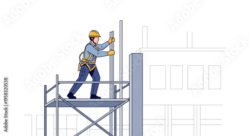 Construction worker on scaffolding installing vertical pole.