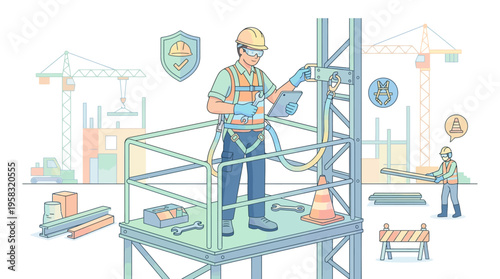 Construction worker on elevated platform safety harness.