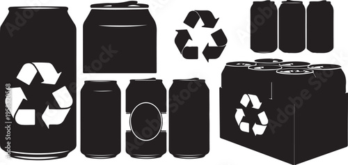 Aluminum drink can collection with soda, beer pack and recycling icon, black silhouette beverage containers vector illustration isolated on white background