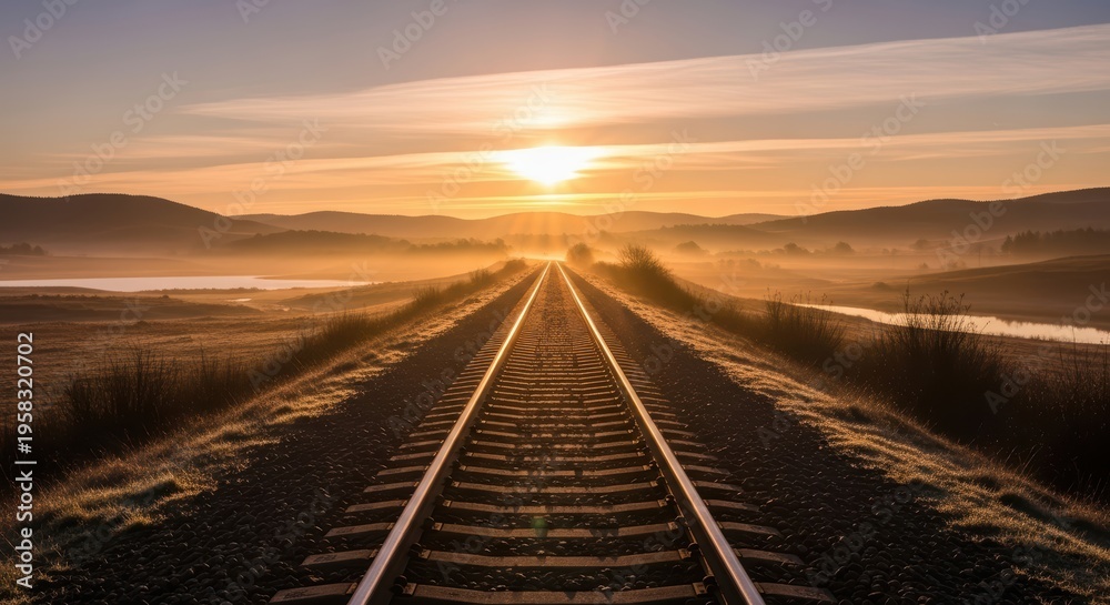 Obraz premium Golden Sunrise Over Railroad Tracks Leading Towards Distant Hills Foggy Morning Landscape