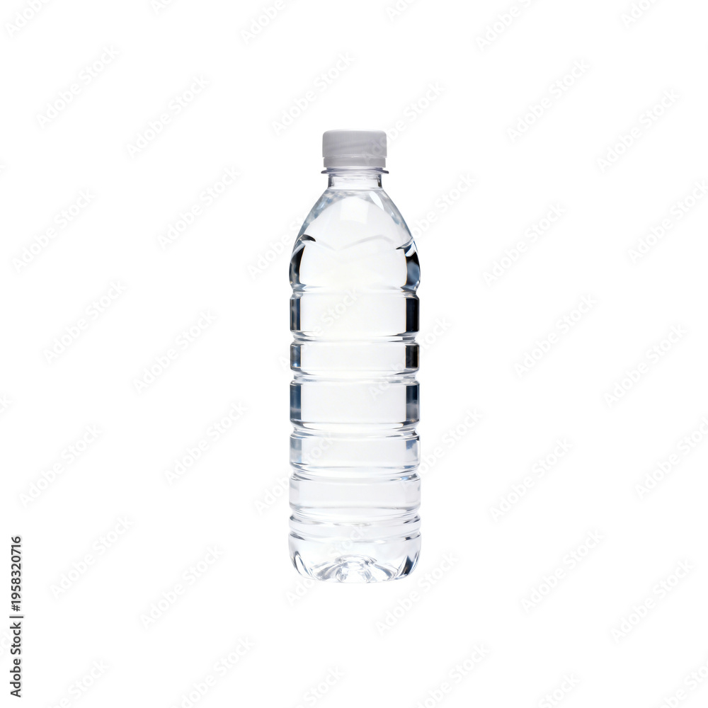 Naklejka premium Clear Plastic Water Bottle with White Cap Isolated on White Background for Hydration and Beverage Mockup