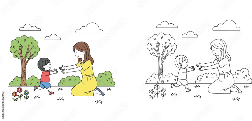 Fototapeta premium Happy child running to mother for a hug in nature. Vector coloring book page with full color and line art versions.