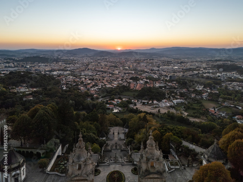 Aerial panoramic view of Bom Jesus do Monte Sanctuary and Braga city at sunset, Portugal