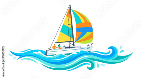 Colorful Sailboat Gliding on Wavy Blue Ocean Waters.