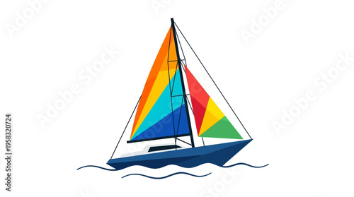 Colorful Sailboat Navigating Wavy Waters Under Bright Sky.