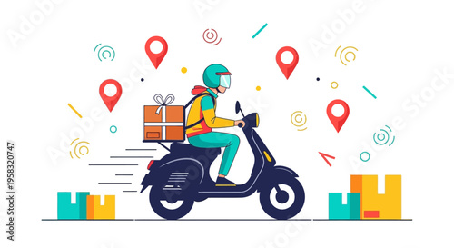 Delivery person riding scooter with package on back.