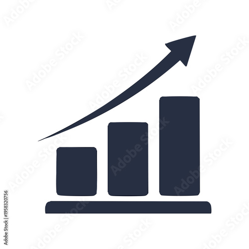 Dark blue bar chart with upward trending arrow showing financial growth and success