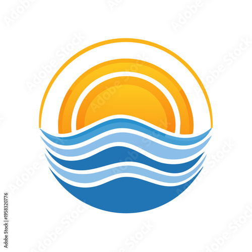 Sunrise Over Wavy Ocean Waters Circular Graphic Design Symbol