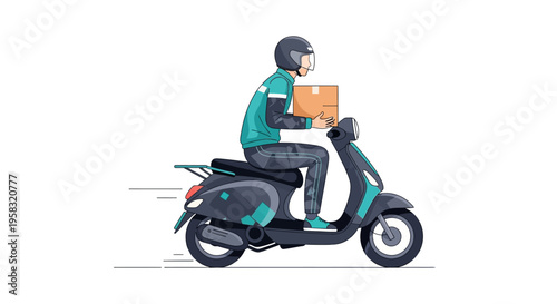 Delivery person riding scooter with package.