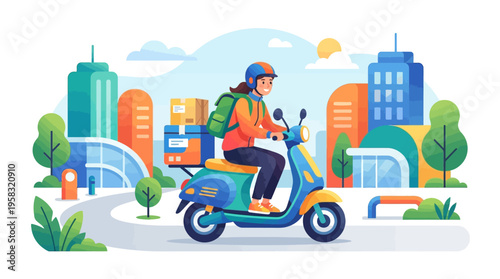 Delivery person riding scooter with packages in city.