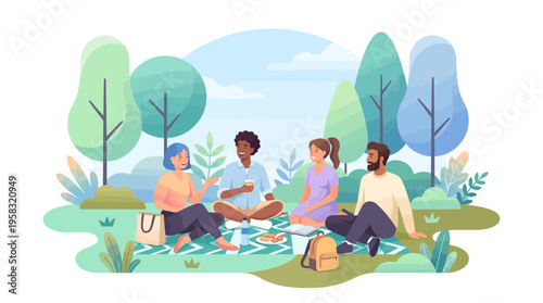 Diverse group of friends enjoying a sunny day picnic outdoors.