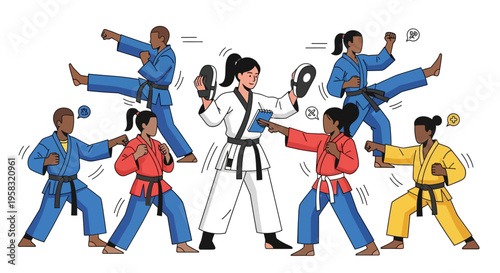 Diverse group of martial artists practicing karate techniques together.