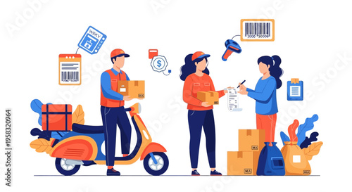 Delivery service workers interacting with packages and scooter.