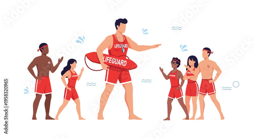 Diverse group of lifeguards in red uniforms ready for duty.