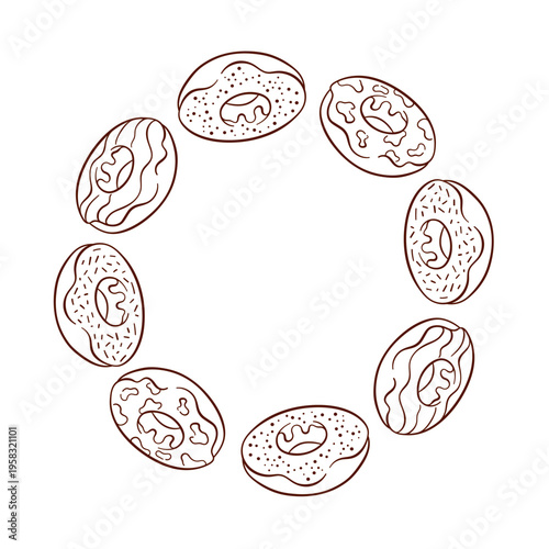 Wreath with assorted donut arranged in a decorative ring on a white background in line art style.