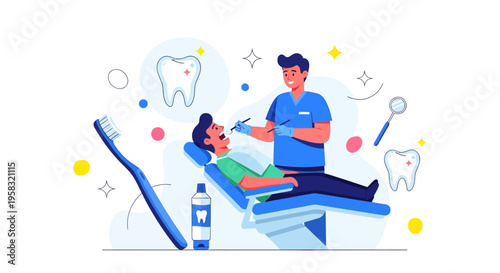 Dentist examining patient in dental chair with tools.