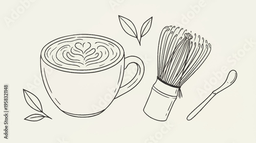A minimalist line art illustration of a cup of coffee with a whisk and spoon