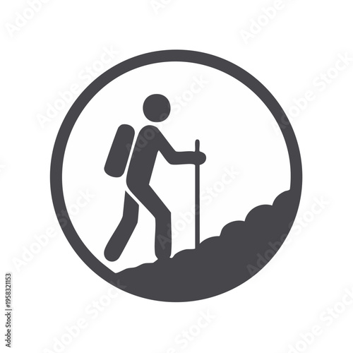 Hiker with backpack and pole climbing rocky incline in circle icon