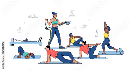 Diverse group of people engaged in various fitness activities guided by an instructor.