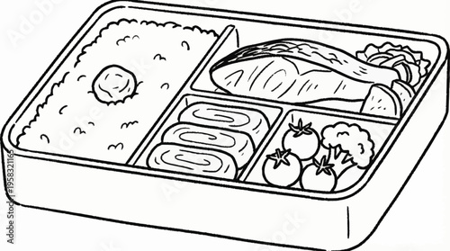 A bento box containing sushi rolls, vegetables, and a piece of grilled fish on a plate