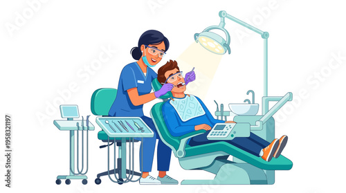 Dentist examining patients teeth in modern dental clinic.