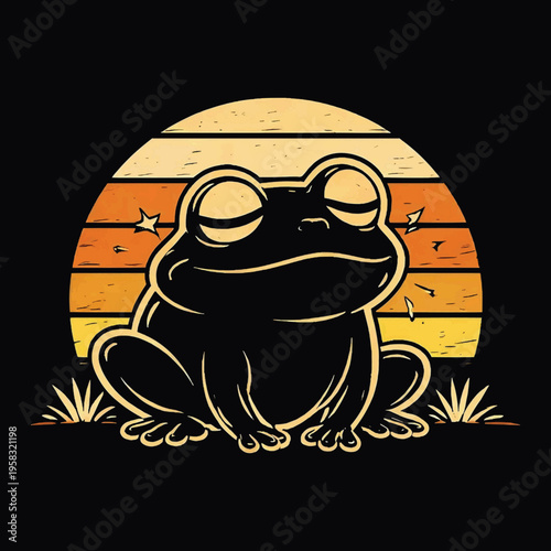 Lazy Frog Line Art Retro Sunset T-Shirt Vector Design